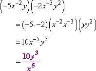 (−5 × −2)(x^(−2) x^(−3))(y y^2) = 10y^3 / x^5
