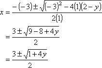 x = [3 ± sqrt(1 + 4y)]/2