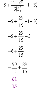 −9 + [(9 + 20)/(3(5))] − (−3); −9 + [29/15] + 3; −6 + [29/15]; −[90/15] + [29/15]; −61/15