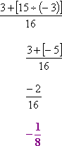 (3 + [15 ÷ (−3)])/16; (3 + [−5])/16; (−2)/16; −1/8