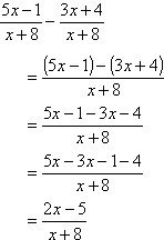 (5x - 1)/(x + 8) - (3x + 4)/(x + 8) = (2x - 5)/(x + 8)