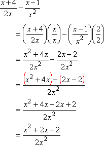 (x + 4)/2x - (x - 1)/x^2 = (x^2 + 4x)/2x^2 - (2x - 2)/2x^2 = (x^2 + 2x + 2)/2x^2