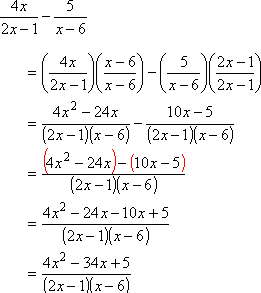 4x/(2x - 1) - 5/(x - 6) = (4x^2 - 34x + 5)/[(2x - 1)(x - 6)]