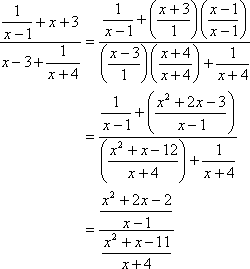 [(x^2 + 2x - 2)/(x - 1)] / [(x^2 + x -11)/(x + 4)]