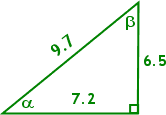 right triangle, angle α at lower left, angle β at upper right, hypotenuse 9.7, base 7.2 adjacent to α (so opposite β), height 6.5 opposite α (so adjacent to β